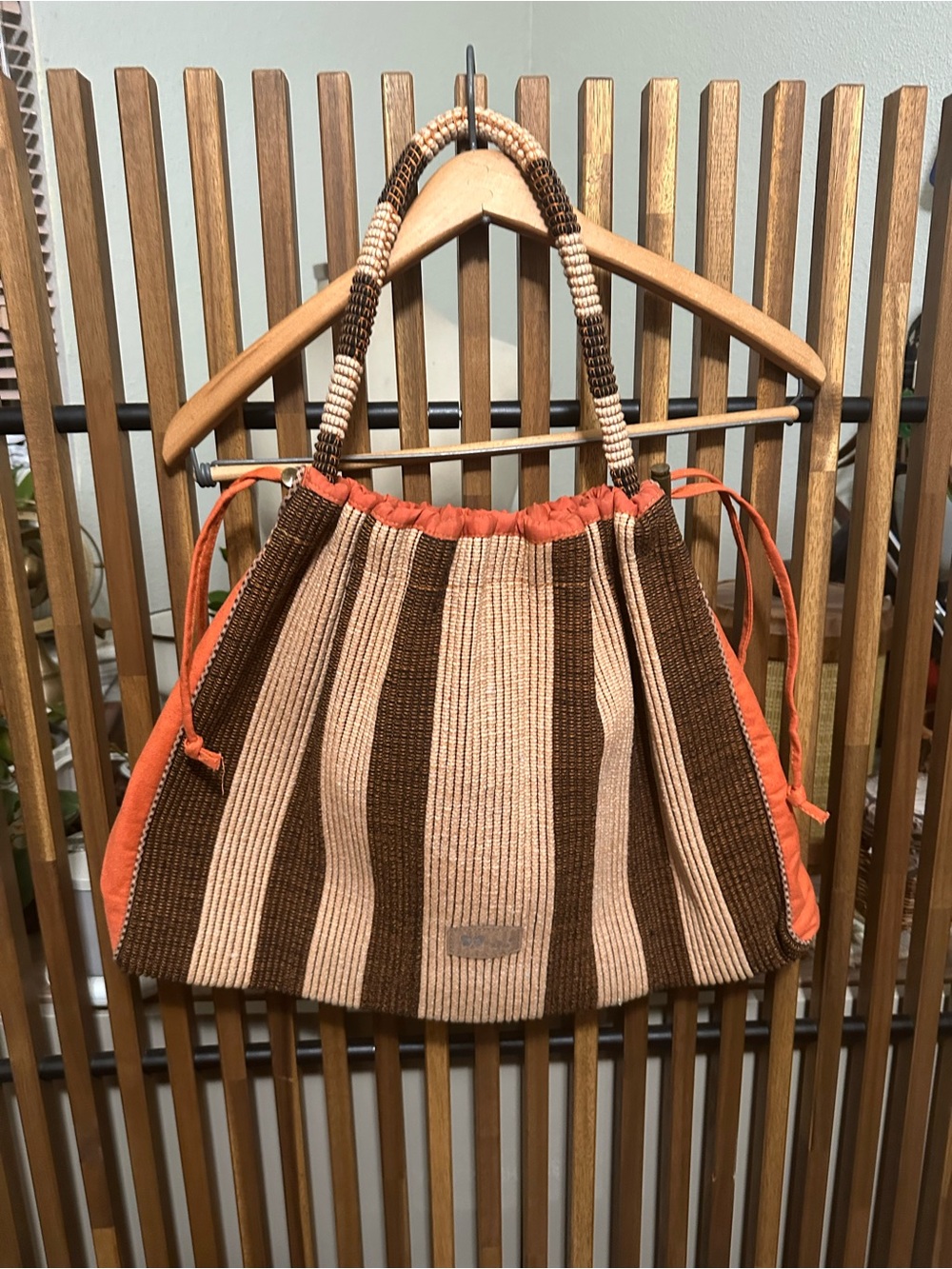 Vintage Jute Boho Striped Woven Tote Bag w/ Bead Accent Handles Butterfly Patch